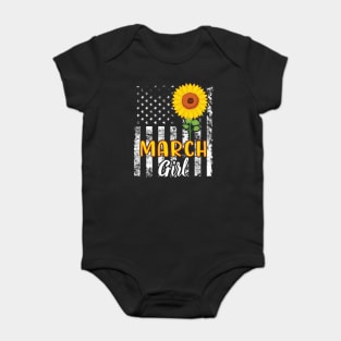 US Flag And Sunflower Happy Birthday March Girl Daughter Baby Bodysuit